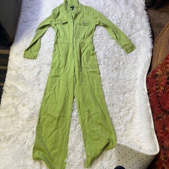 Forever 21 womens Denim jean jumpsuit lime green zipper Large - Picture 1 of 4